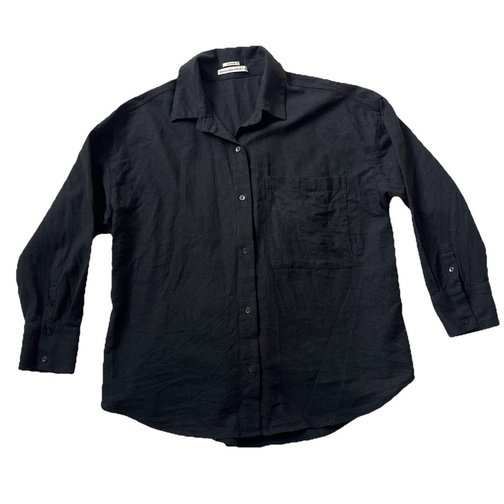 Abercrombie Fitch Linen Blend Top Women Large Black Button Down Tunic Oversized - Picture 4 of 10